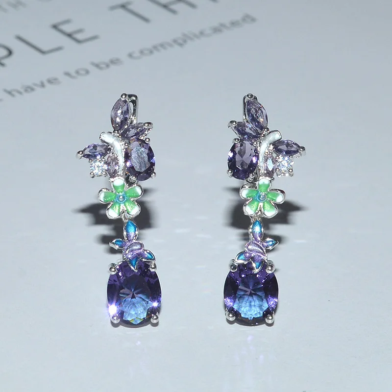 Гламурные Свадебные обручальные фиолетовые Висячие висячие серьги с крючками, серьги с кубическим цирконием и круглой огранкой, темпераментные Коктейльные серьги