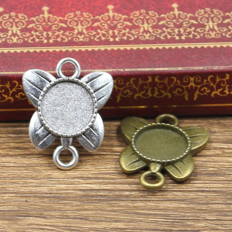 5pcs New 12mm Inner Size Antique Bronze Silver Color Round Butterfly Double Hanging Cabochon Base Setting Pendant | Украшения и