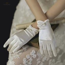 Guantes cortos de boda para mujer, de satén, dedo completo, longitud de la muñeca, disfraz, fiesta de graduación