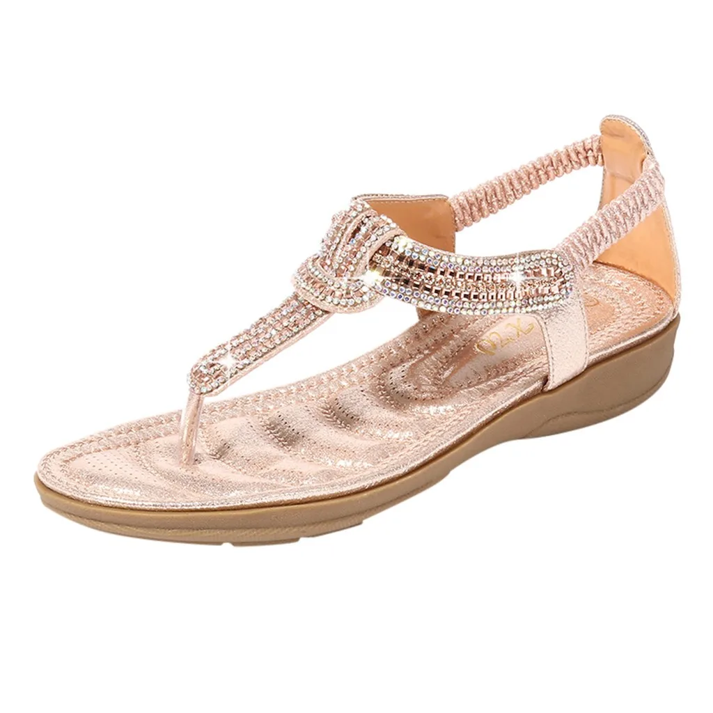 FashionSummer Для женщин Босоножки в богемском стиле с украшениями в виде кристаллов плоский сандалии пляж повседневная обувь с ремешками; без застежки; на плоской подошве; Sandales Femme - Цвет: Pink