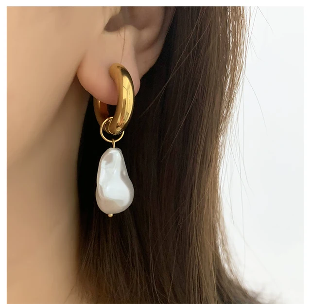 Titanium with 18K Gold Geo Faux Baroque Pearl Drop Earrings