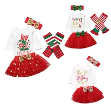 Рождественские комплекты одежды для маленьких девочек от 0 до 18 месяцев комплект из 3 предметов: комбинезон с надписью+ Кружевная юбка-пачка+ повязка на голову