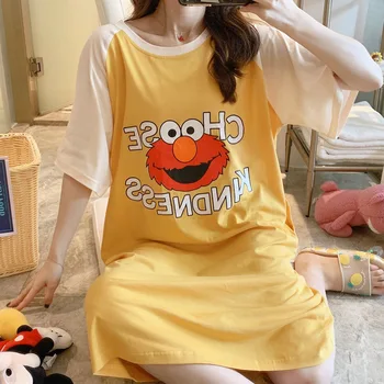 

Pajamas Women's Summer Short-sleeved Cute Cartoon Sesame Street Pure Cotton Extra-large Loose-Fit One-piece Fashion Outer Wear K