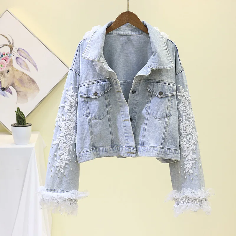 

Light Blue Lace Splice Flower Embroidery Denim Jacket Women's Spring Autumn 2020 Loose Pearl beading Diamonds Short Jean jacket