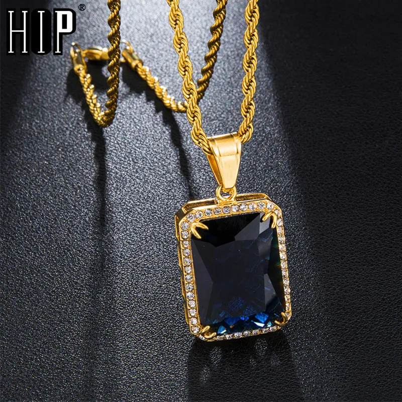 Хип хоп Iced Out Bling квадратный синий красный инкрустированный камнями из нержавеющей стали ожерелье и подвески для мужчин ювелирные изделия с цепочками