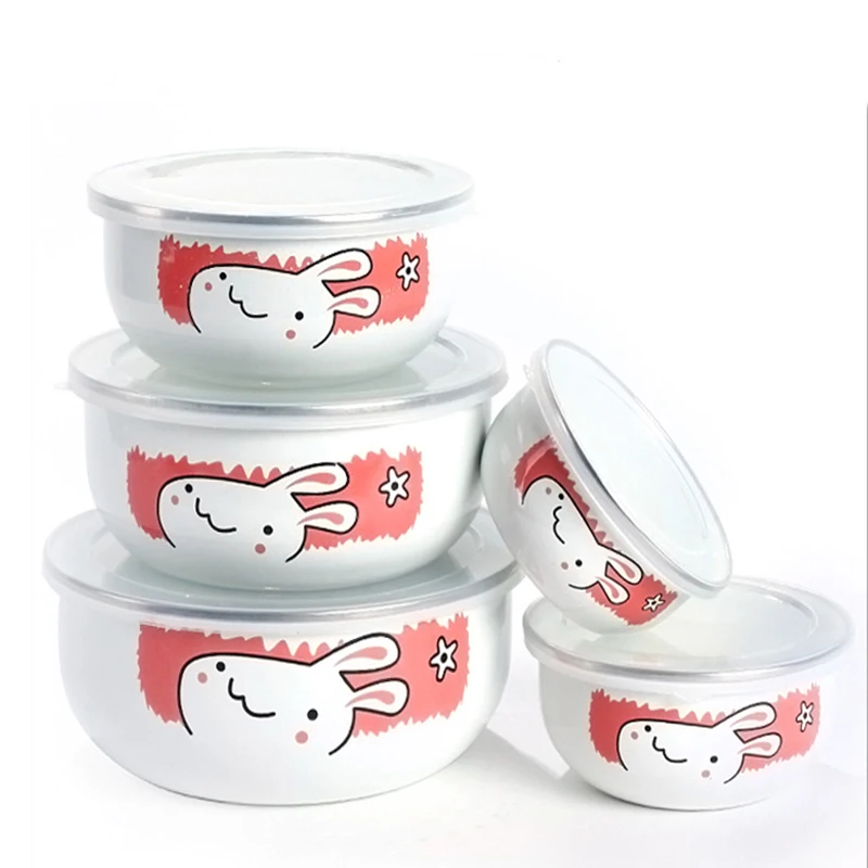 

5pcs Enamel ice bowl mixing bowls with seal cover Enamel bowls suit set preservation set ice box mini rice bowl 10-18cm