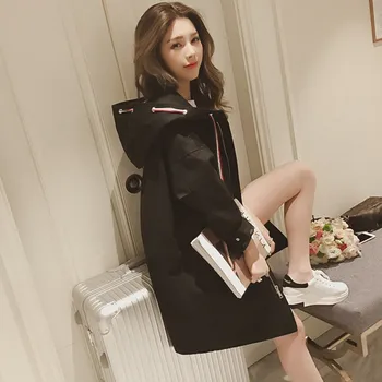

New Women Spring Autumn Trench Casual Hooded Windbreaker Long Sleeve Cardigan Warm Loose Cool Coat Solid Color