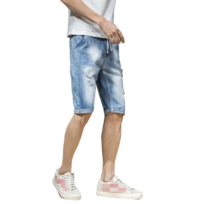 Men's Cotton Ripped Pockets Drawstring Ruched Denim Thin Short broken hole Knee Length Breathable Pants outerwear Summer Men's Cotton Ripped Pockets Drawstring Ruched Denim Thin Short broken hole Knee Length Breathable Pants outerwear Summer