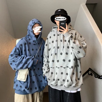

2020 Spring And Autumn New Men's Youth Popular Covered Pattern Printed Hooded Sweatshirt Fashion Casual Loose Pullover Gray/Blue