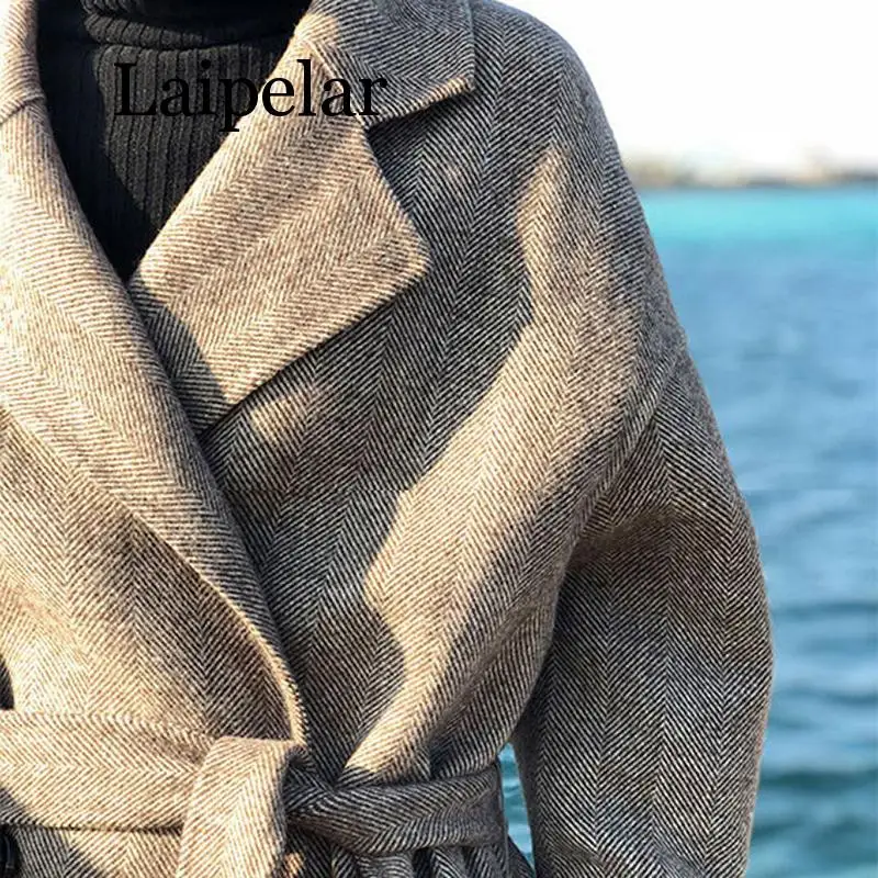 Striped Fashion Wool Coat Jacket Women Lace Up Long Blend Elegant Ladies Coats  Turn Down Collar Outwear