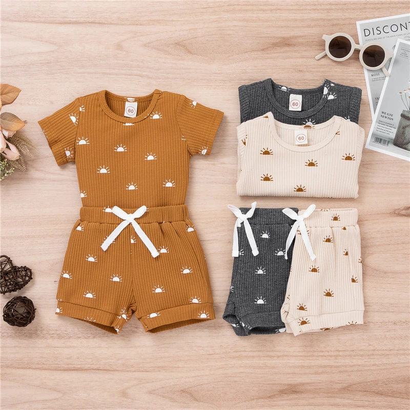 Summer Baby Solid Clothes Outfits Sets Infant Toddler Newborn Girls Boys Summer Sun Print Short Sleeve T-shirts Shorts 0-18M Baby Clothing Set medium