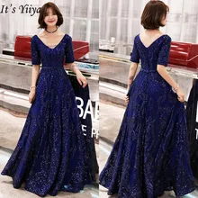 Это YiiYa вечерние платья сексуальные с v-образным вырезом с коротким рукавом Длинные вечерние платья элегантные с блестками тонкие вечерние платья в пол E412