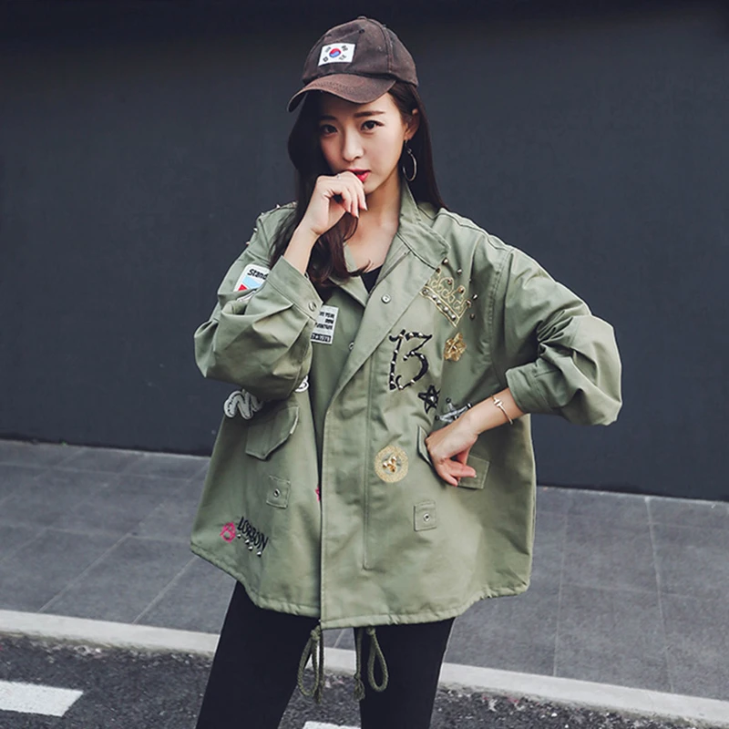 

Autumn Women's Military Jacket Denim Drawstring Windbreaker Coat Army Green Embroidery One Size Jacket Befree Chaqueta Mujer