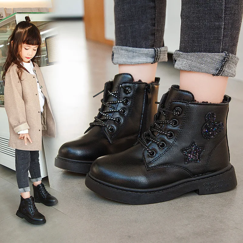 Fashion Sequin Princess Boots Little Girl Waterproof Patent Leather Boots Big Kids Martin Children'S Shoes 3 4 5 6-12 Year - Цвет: black Thin plush