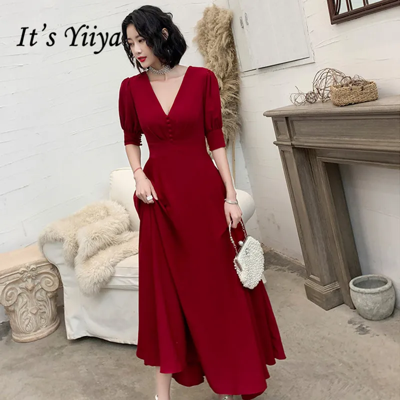 It's Yiiya V-neck Evening Dresses Burgund Ankle Length Women Party Gowns Elegant Half Sleeve A line Formal Robe De Soiree K258 | Свадьбы