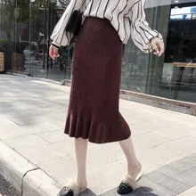 Новинка, женские вязаные юбки, Осень-зима, теплая трикотажная прямая юбка в рубчик, средняя длина, высокая талия, облегающая элегантная юбка
