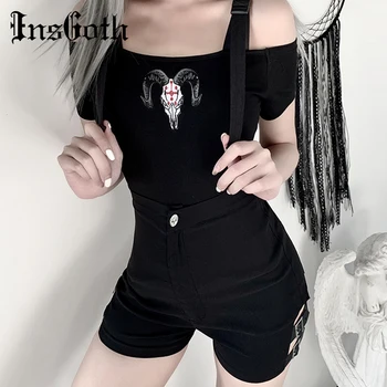 

InsGoth Off Shoulder Black T-shirts Women Harajuku Grunge Gothic Goat Embroidery Short Sleeve Bodycon Female T-shirts
