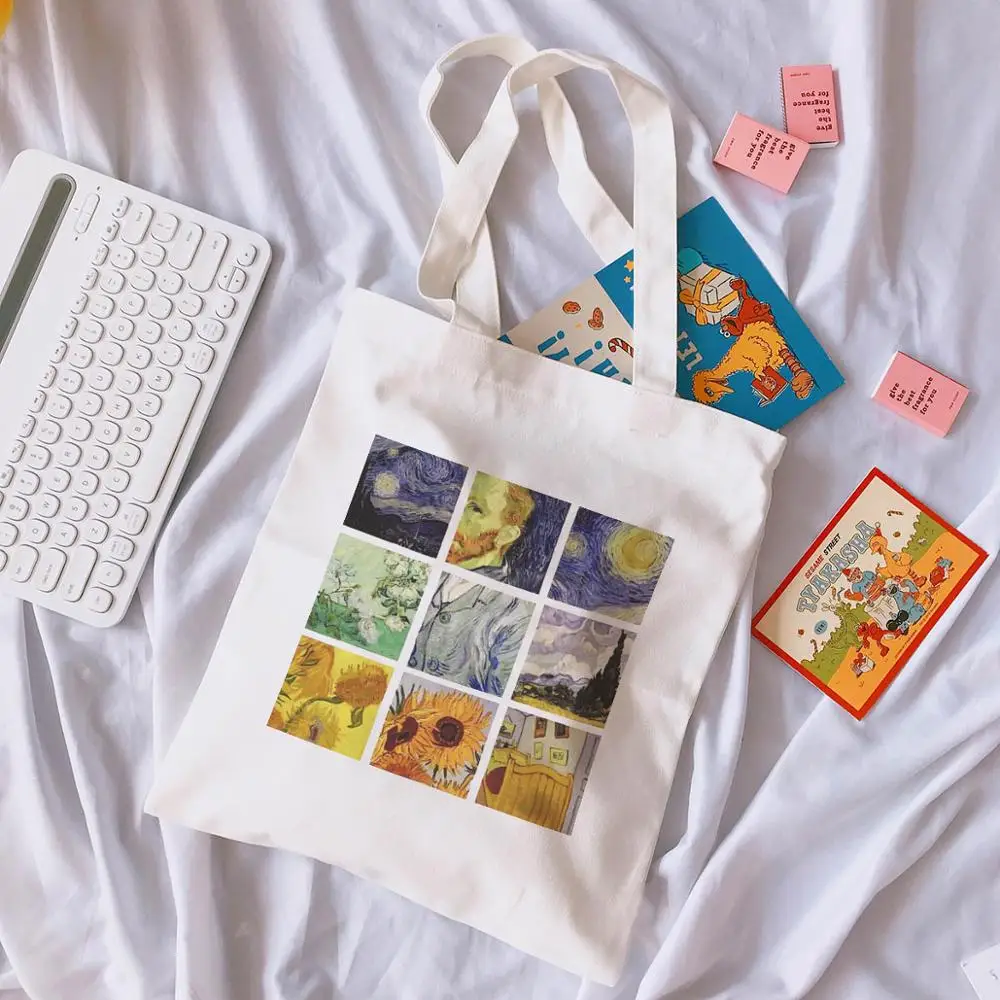 

Van Gogh Letters Cartoon Printed Canvas Shoulder Bag Female Harajuku Ulzzang Funny Large Capacity Shopping Totes Shoulder Bags