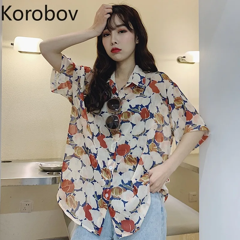 

Korobov Retro Print Holiday Blouse Women Turn Down Collar Short Sleeve Single Breast Blusas Loose Summer 2020 New Shirt 2a877
