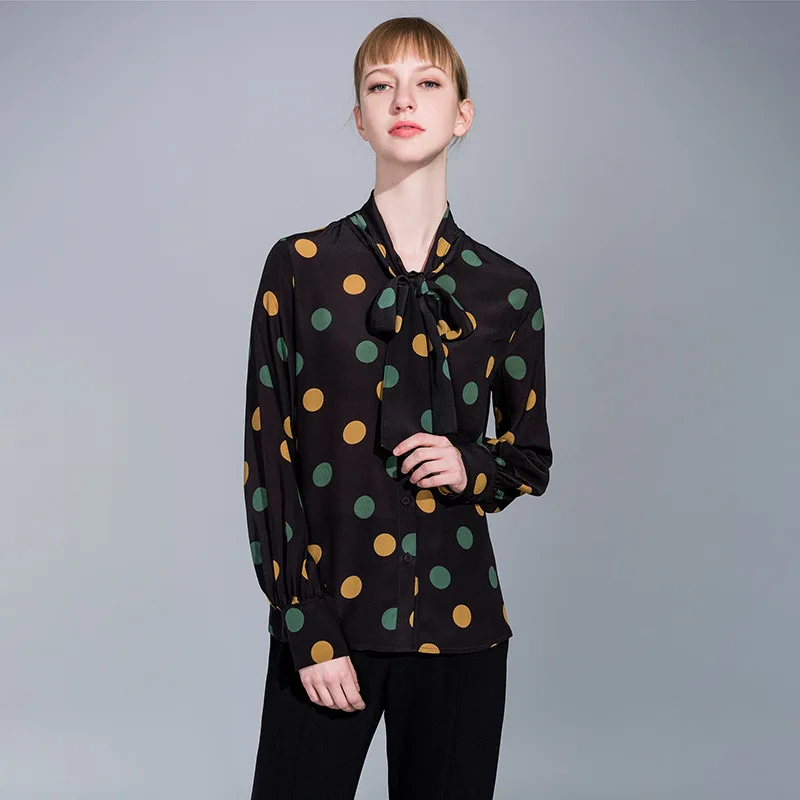 

2020 Spring Vintage Women Real Silk 100% Dot Print Bowtie Shirts Long Sleeved High End Tops and Blouses