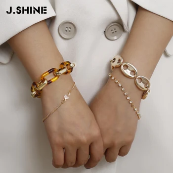 

JShine 4Pcs/Set Tortoiseshell Link Chain Bracelet for Women Stackable Crystal Alloy Charms Bracelet Women Fashion Jewelry