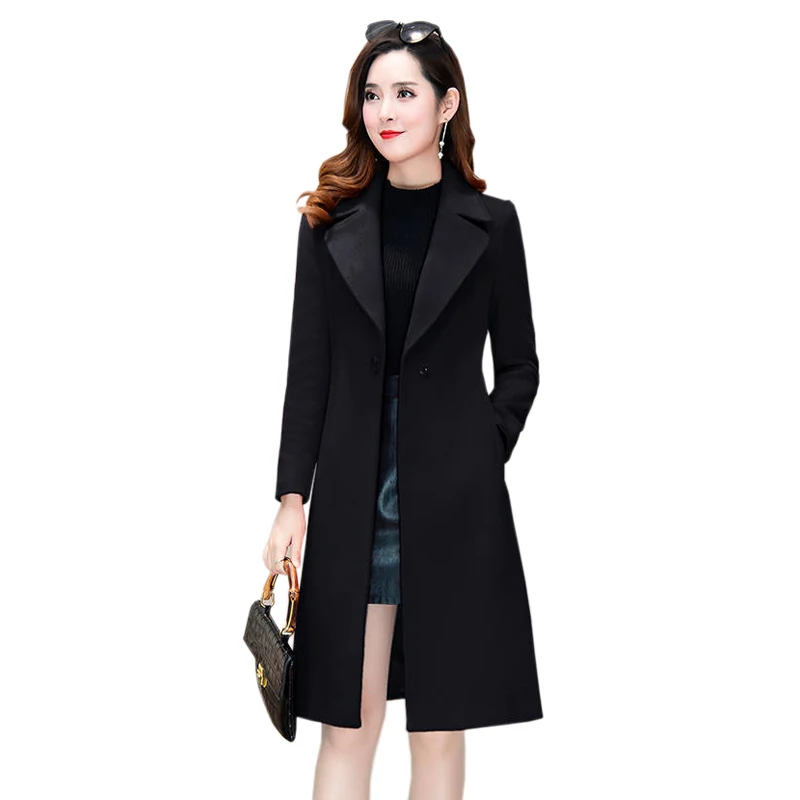 

2019 New Winter Slim Plus Size Women Woolen Jacket Casual Pocket Medium Long Solid Color Long Sleeve Winter Wool Coat Women Coat