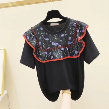 

Tshirt Women Ruffle Printed Panel Round Neck Short Sleeve Cotton T-shirt Women's 2020 Summer Loose T Shirt Students Tees Tops
