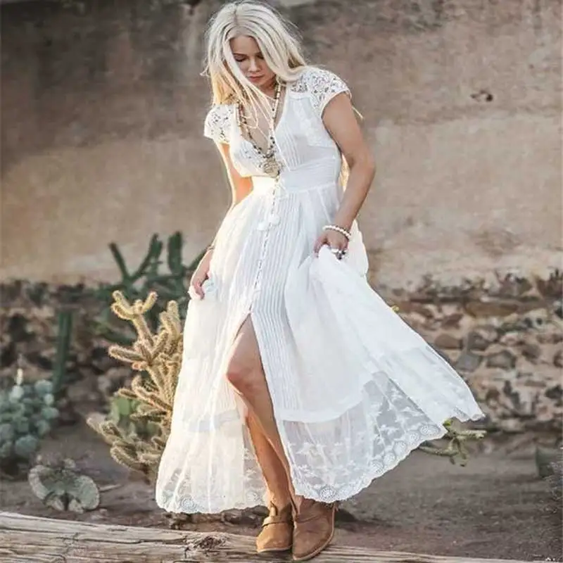 YAMDI вечерние Клубные платья coctail для женщин Лето Осень Винтаж Элегантный boho пляж Глубокий v образным вырезом сексуальное кружевное Сетчатое Макси платье