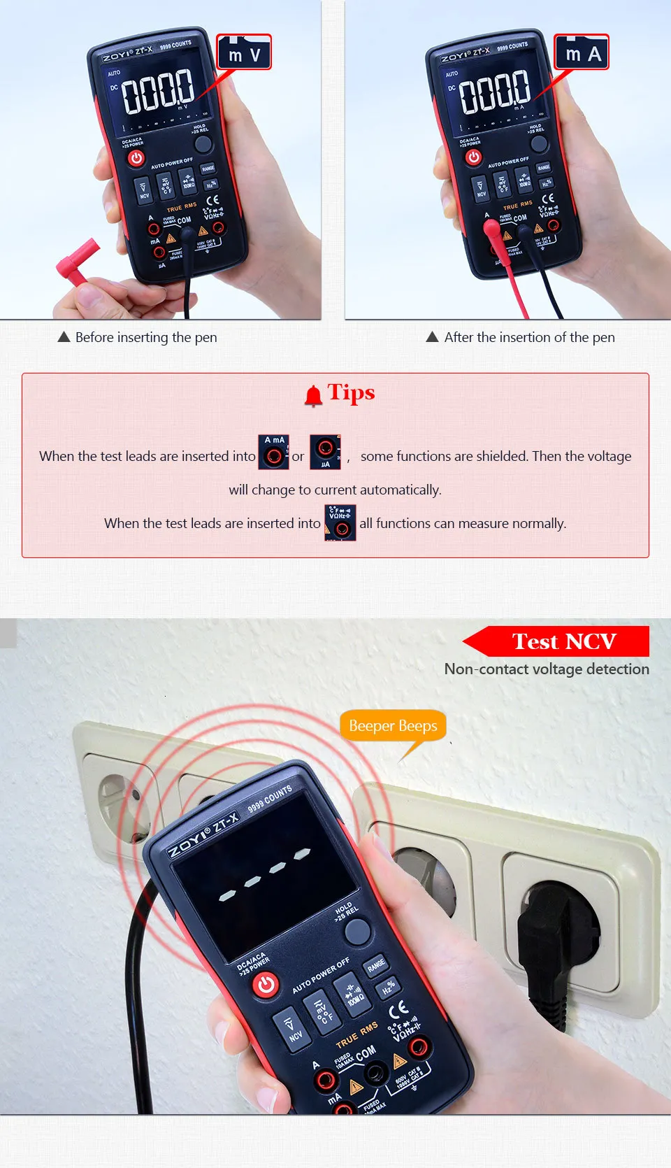 ZOYI ZT-X Цифровой мультиметр true rms ac dc вольтметр Авто Диапазон мультиметр с NCV удержания данных ЖК-дисплей подсветка дисплея