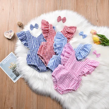 

0-24M Newborn Baby Girls Bodysuits Clothes Plaid Print Ruffles Sleeveless Backless Jumpsuits Summer 4 Colors