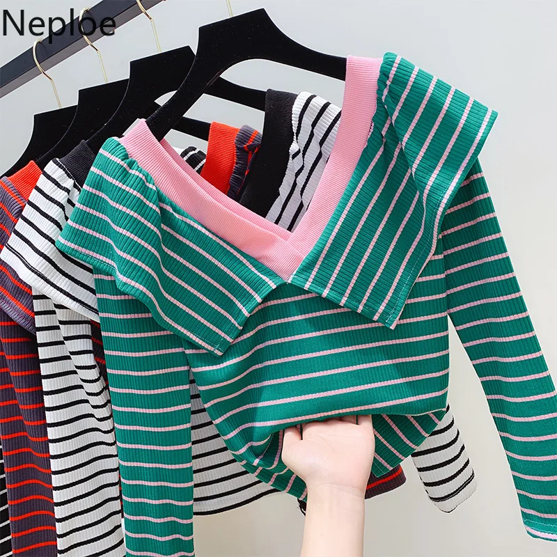 

Neploe Korean Autumn Winter Skinny V Neck Striped Pull Femme Long Sleeve Thin Bottom Sweater Women Sexy Pullover 2019 New 46518