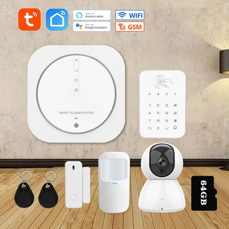 Tuya 433MHz Wireless WiFi GSM Home Security Alarm System with Touch Keypad PIR Detector Strobe Siren Supports Alexa & Google ring alarm wireless keypad