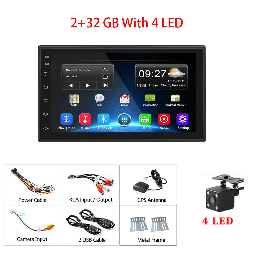 Hikity Android 8,1 автомобильный мультимедийный плеер gps навигация 2 Din HD автомобильное радио Wi-Fi USB " MirrorLink автомобильный стерео резервный приемник - Цвет: 32GB With 4 LED