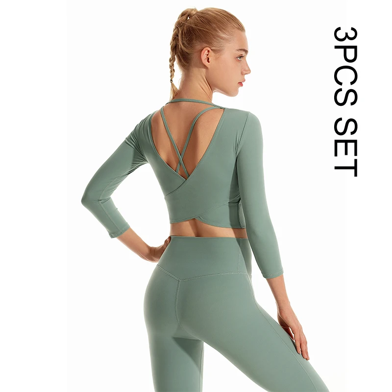 

Women Sport Suits Bra T Shirt and Leggings 3PCS Set Exercise Suits Running GYM YogaTracksuits