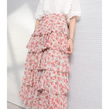 Женская шифоновая многослойная юбка-торт с цветочным рисунком, летние милые оборки, многоуровневые гофрированные длинные юбки до середины икры