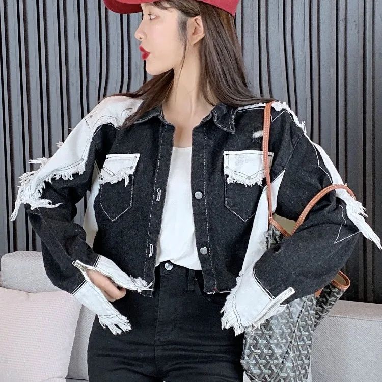 

Photo Shoot Retro Short Cowboy New Style Fashion Spring And Autumn Loose-Fit Contrast Color Thin Cropped Jacket