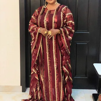 

Women Stripe Sequins Loose Two Piece Dress Floor Length Muslim Robe Chiffon Comfortable Fabric African Celebrate Event Plus Size