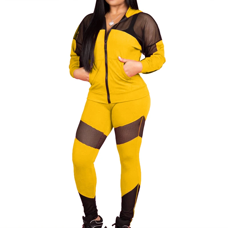 Осенний спортивный костюм, сетчатый спортивный костюм, комбинезоны с длинными рукавами, Женский Повседневный рваный пуловер, толстовки, спортивные штаны, комплект для бега из 2 предметов - Цвет: yellow