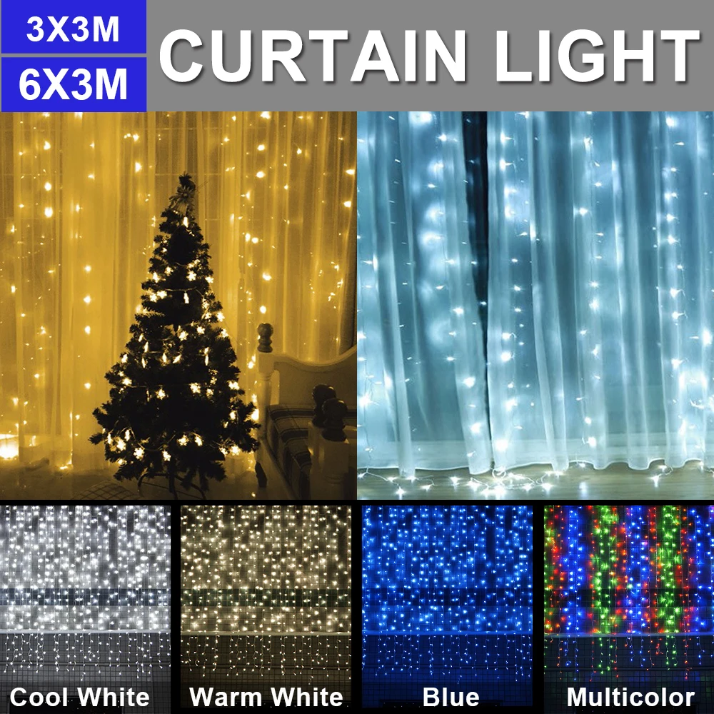 3Mx3M /6Mx3M UK Plug LED String Curtain Lights Waterfall Window Lights Christmas Wedding Party Garland Light Decor D20
