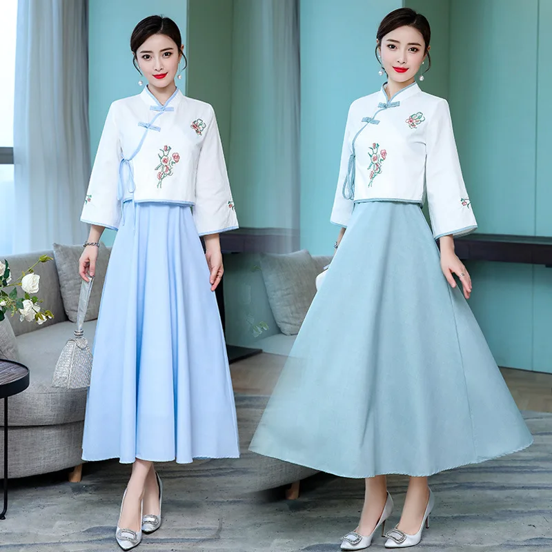 

2019 Spring Literature And Art Retro Frog Embroider Jacket Camisole Suit Dress Big Hemline Slimming Long Skirts