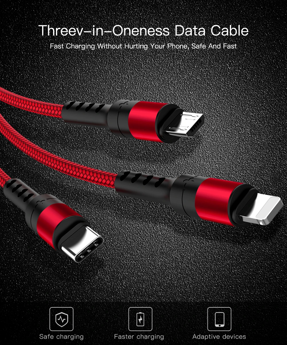 3 в 1 USB кабель 8Pin type C Быстрый миниатюрный usb-порт зарядный кабель для iPhone X 8 7 Plus samsung S9 S10 Xiaomi Mi6 провод для быстрой зарядки