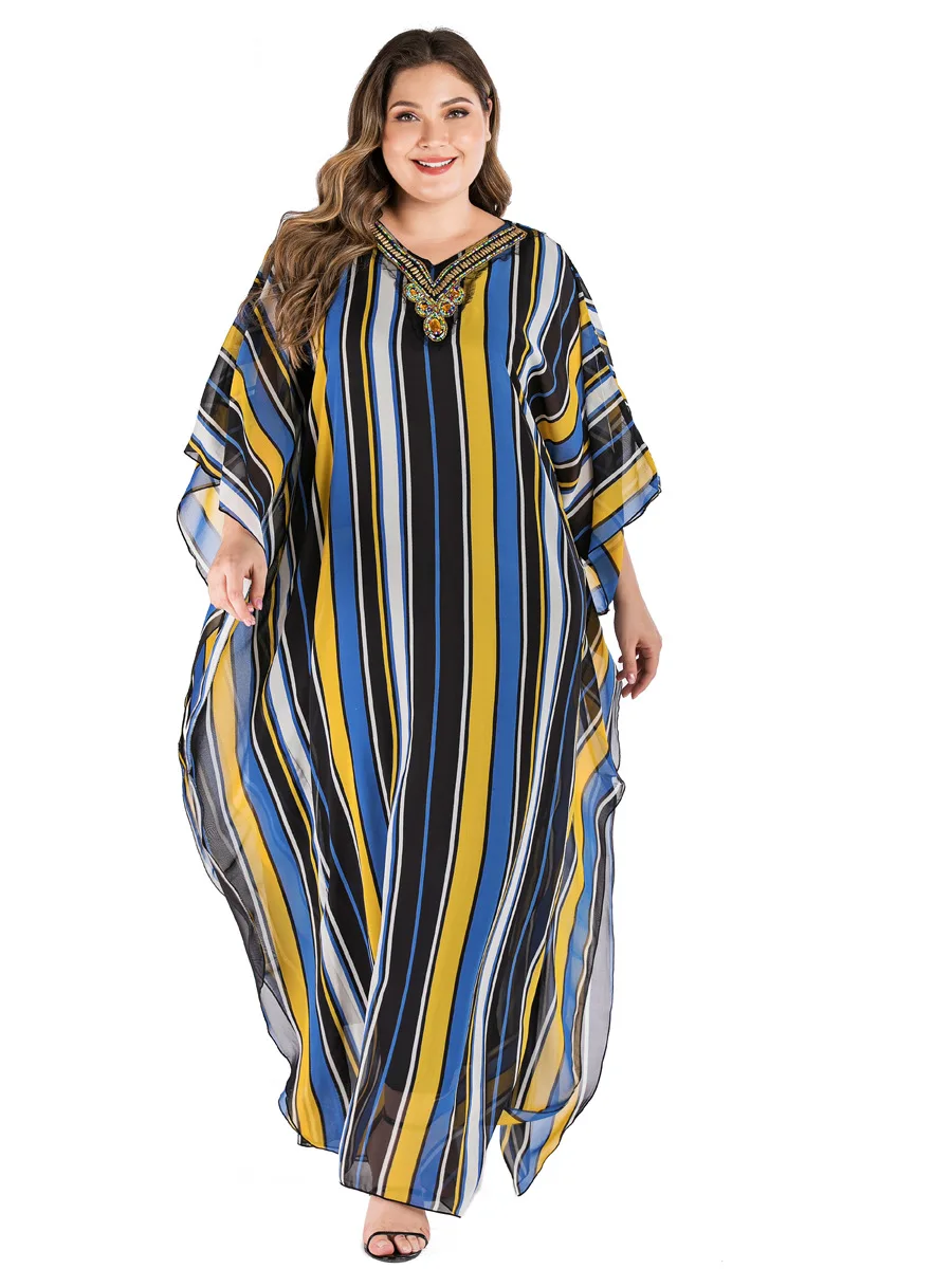 Мусульманская женская одежда abaya, комплект из бисера, Модное шифоновое платье с v-образным вырезом и принтом, Дубай, Турция, женское платье большого размера
