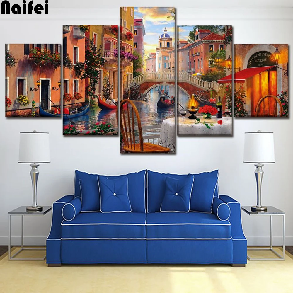 Canvas-Prints-Painting-Bedroom-Wall-Art-5-Pieces-Venice-Restaurant-Pictures-Modular-Abstract-Italy-Water-City (2)
