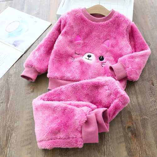 Children's pyjamas winter new baby plus plus thick clothes children winter clothes warm home - Цвет: Розово-красный