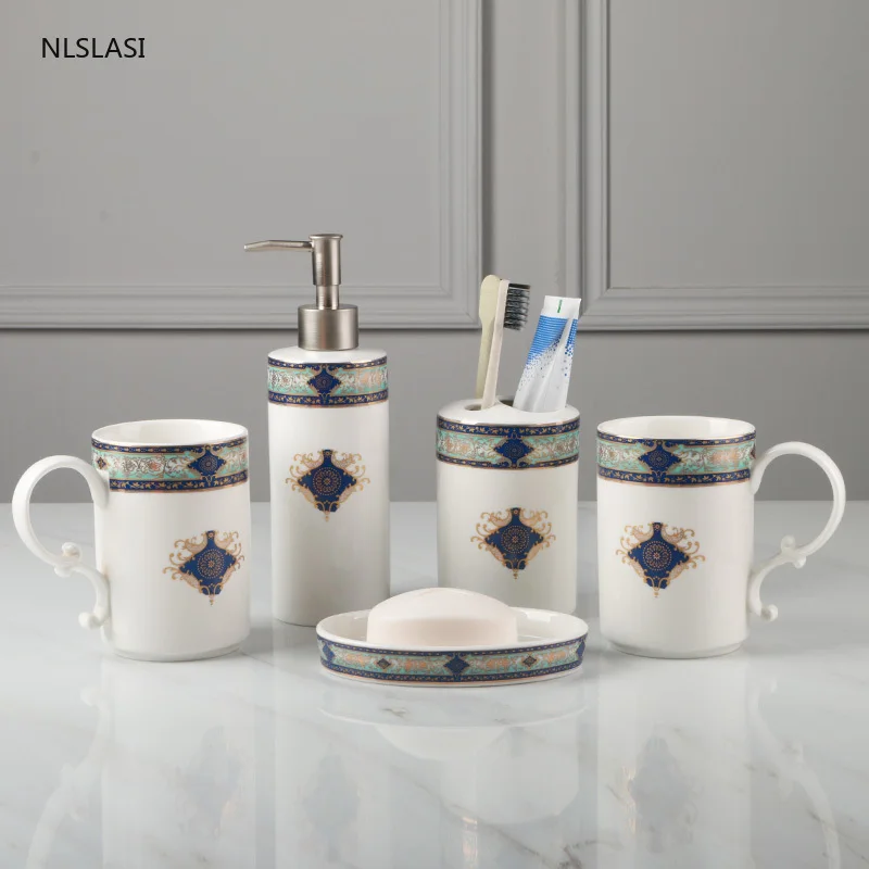 

High-grade Ceramic Five-piece Set Household Wash Tool Lotion bottle Gargle cup Toothbrush Holder Soap box Bathroom Accessory Set