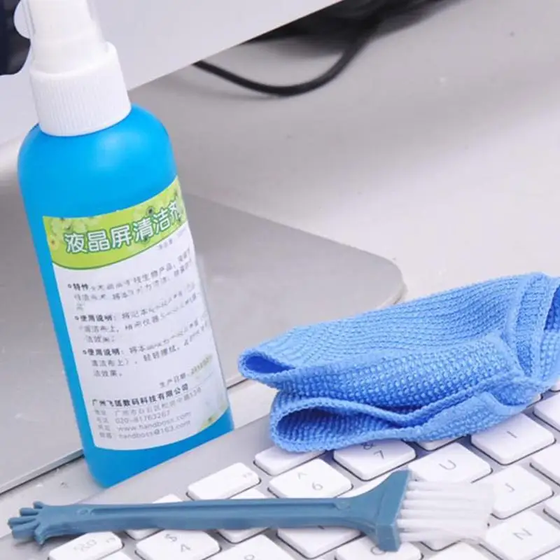 Three-piece Laptop Monitor Cleaning Kit with Liquid Cleaner, Brush, and Cloth Set Description Image.This Product Can Be Found With The Tag Names Computer cleaners, Computer Office, Laptop monitor cleaning kit lcd mobile phone screen