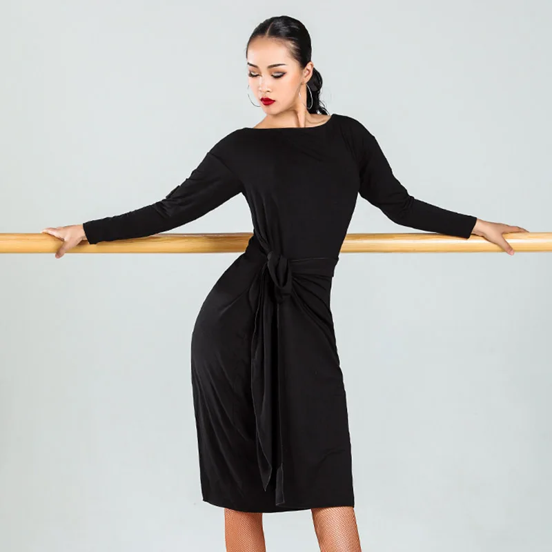 Latin Dance Dress Salsa Tango Rumba Cha Cha Samba Practice Clothes Women Black Long Sleeves Loose Performance Dresses DN4370