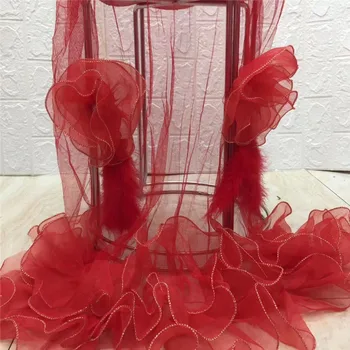 

High Quality African Stones 3d flower red Lace Fabric French Net Embroidery Tulle Lace Fabric For Nigerian Wedding Party Dress