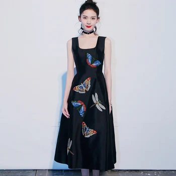 

HAMALIEL Runway Designer Summer Long Dress Brand Women Sleeveless Butterfly Embroidery Black Party Dress Luxury Tank Swing Dress