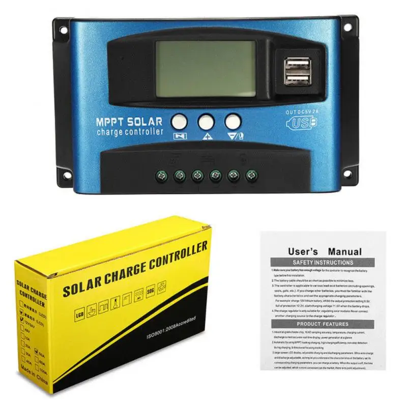 30/40/50/60/100A MPPT Solar Charge Controller Dual USB LCD Display Auto 12/24V Solar Cell Panel Charger Controller Regulator